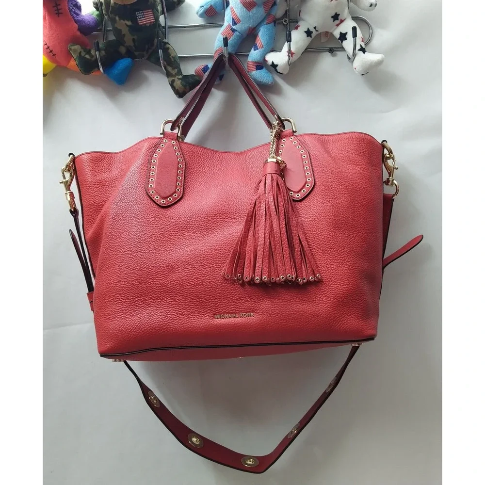 Michael Kors Brooklyn Red Leather Tassel Double Handle Satchel Shoulder Bag